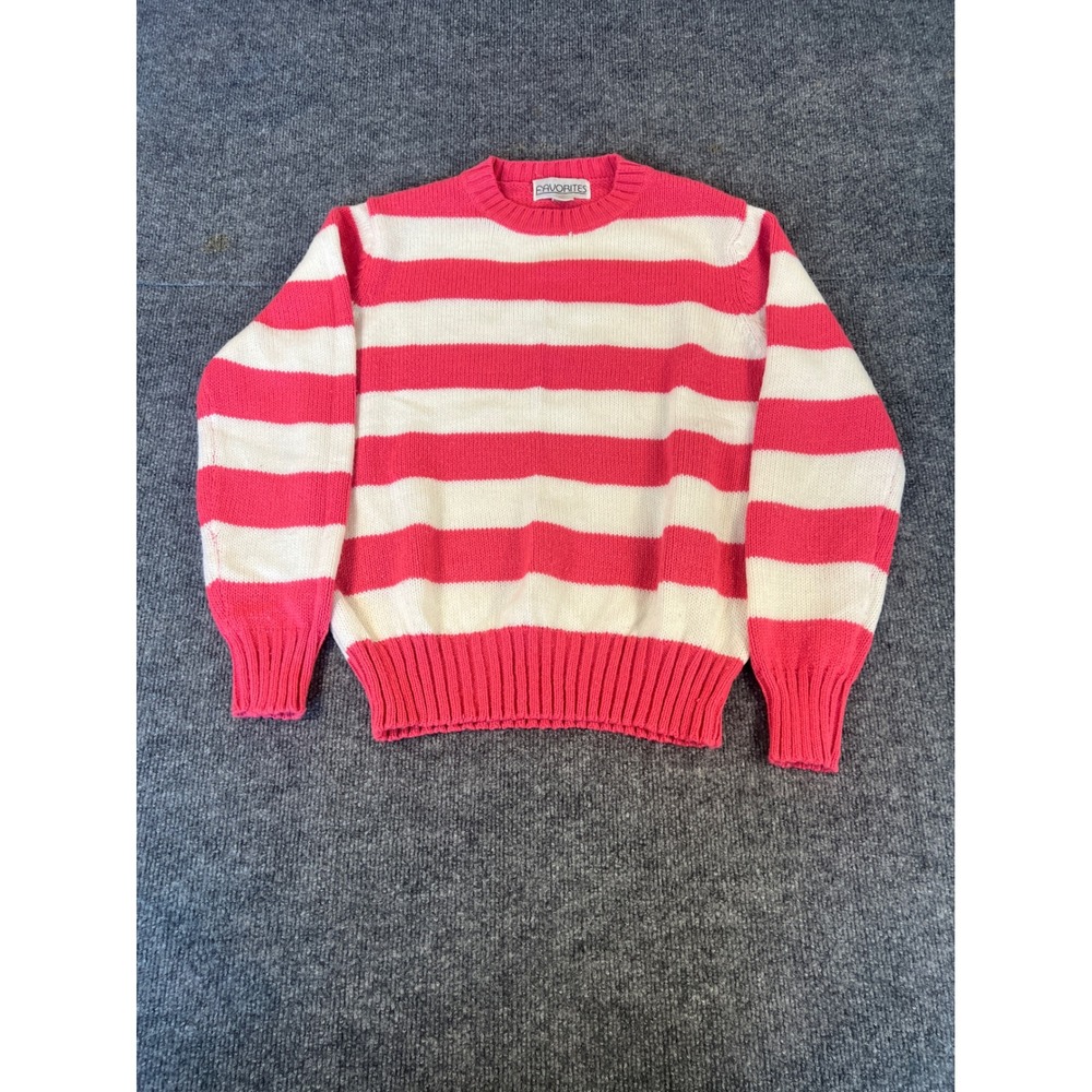 Retro Preppy Pink/Coral White Striped Crewneck Sweater Favorites Women's L